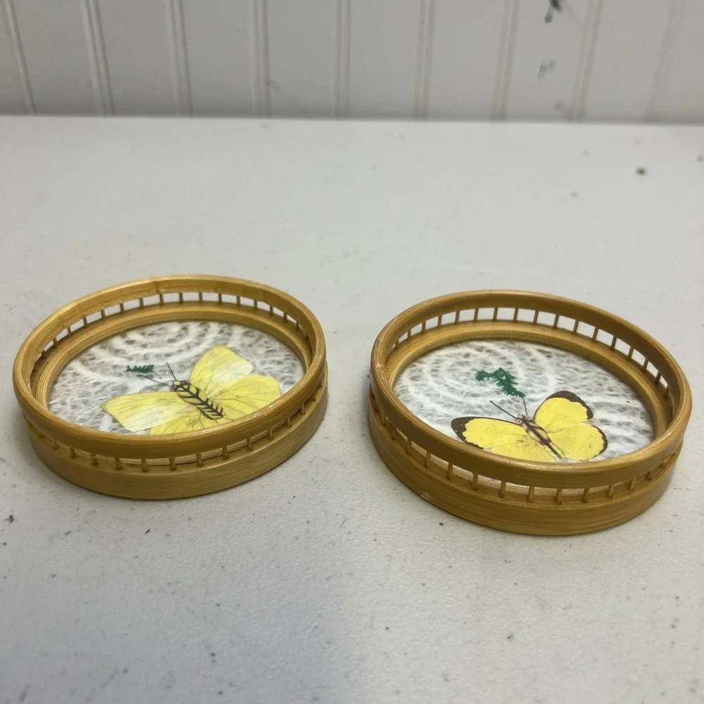 Set Of 2 Vintage Bamboo Acrylic Coaster w/ Real Pressed Butterfly
